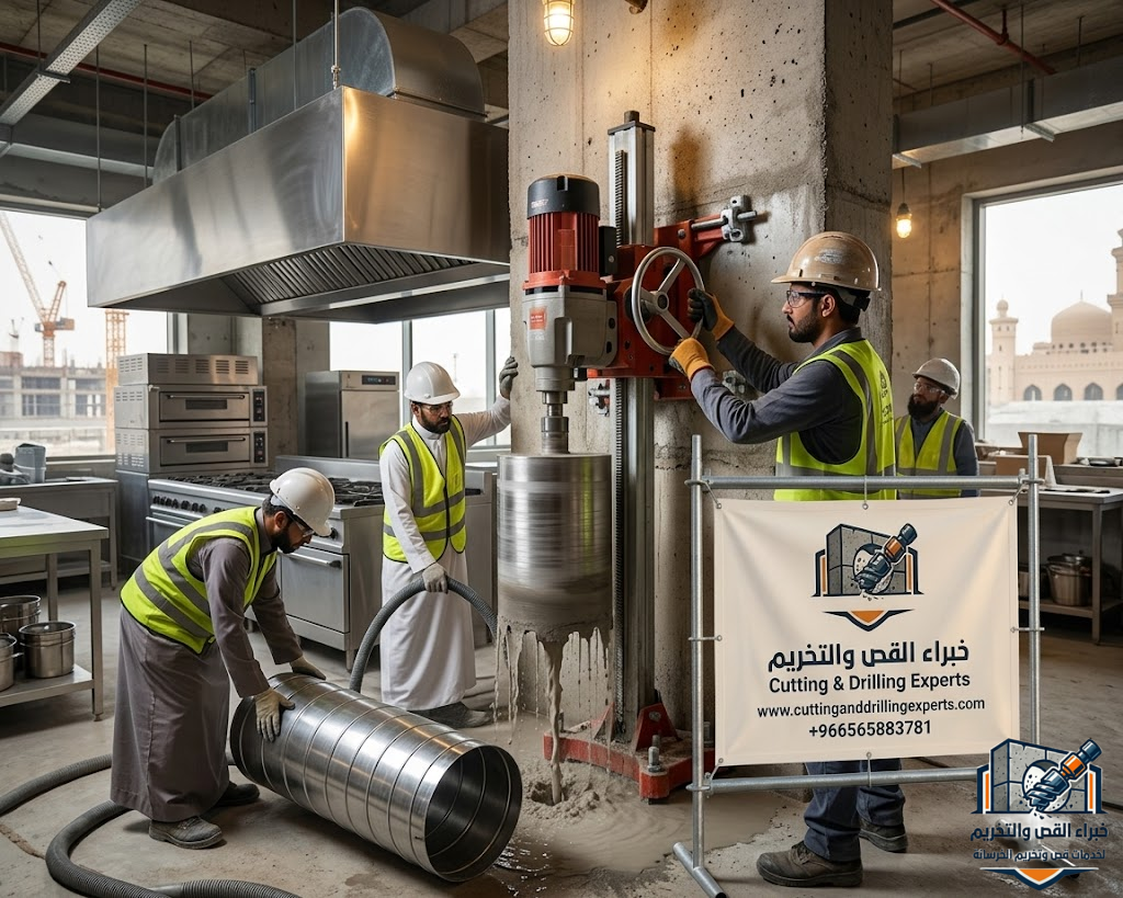 فتح كور مداخن مكة المكرمة للمطاعم والمطابخ المركزية باستخدام أحدث أجهزة الكور درل لعمل فتحات دقيقة بدون تكسير عشوائي